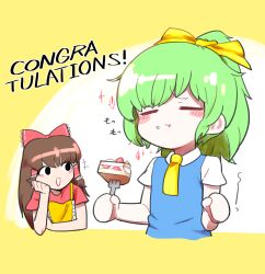 Rule 34 | +++, 2girls, :t, apron, ascot, black eyes, blue vest, blush, bow, brown hair, cake, cake slice, closed eyes, collared shirt, commentary request, congratulations, cookie (touhou), daiyousei, diyusi (cookie), eating, empty eyes, food, fork, frilled hair tubes, frills, green hair, hair bow, hair tubes, hakurei reimu, hand on own cheek, hand on own face, head rest, high ponytail, highres, long hair, looking at another, medium bangs, multiple girls, noel (cookie), offside: diyusi, open mouth, parupunte (nicoseiga51964270), red bow, shirt, short sleeves, smile, strawberry shortcake, touhou, upper body, vest, white background, white shirt, yellow apron, yellow ascot, yellow bow