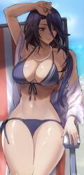 Rule 34 | 1girl, absurdres, alternate costume, arm on own head, artist name, beach chair, bikini, blue bikini, blue hair, breasts, clorinde (genshin impact), closed mouth, front-tie bikini top, front-tie top, genshin impact, hair between eyes, highres, jewelry, large breasts, long hair, looking at viewer, navel, necklace, outdoors, pearl necklace, side-tie bikini bottom, sitting, solo, swimsuit, tommy (kingdukeee)