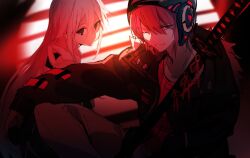 Rule 34 | 1boy, 1girl, bakaouzi999, beanie, expressionless, fur trim, hat, highres, ia (vocaloid), jacket, long hair, looking at viewer, medium hair, one eye closed, red theme, sheath, sheathed, shirt, smile, sword, very long hair, vocaloid, vy2, weapon
