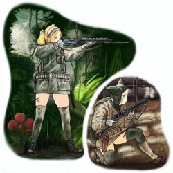 Rule 34 | 2girls, animal ears, backpack, bad id, bad pixiv id, bag, bayonet, boots, canteen, explosive, gloves, grenade, gun, holster, jungle, mars expedition, military, military uniform, multiple girls, nature, plant, pump action, shotgun, thighhighs, trench, twintails, uniform, united states marine corps, war, weapon, winchester model 1897, y (khakiyawn), zettai ryouiki