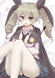 Rule 34 | 1girl, :d, absurdres, anchovy (girls und panzer), anzio school uniform, artist name, black cape, black necktie, black ribbon, black skirt, blush, cape, commentary request, dress shirt, drill hair, emblem, fang, girls und panzer, green hair, hair ribbon, heart, highres, holding, legs, lichyiblue, light blush, long hair, long sleeves, looking at viewer, loose necktie, miniskirt, necktie, open mouth, pantyhose, partial commentary, pleated skirt, red eyes, ribbon, riding crop, school uniform, shirt, signature, sitting, skin fang, skirt, smile, solo, twin drills, twintails, white pantyhose, white shirt, wing collar
