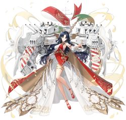 Rule 34 | 1girl, ankle strap, arm at side, artist request, azur lane, blue eyes, blue hair, breasts, dark blue hair, detached sleeves, dress, facial mark, forehead mark, hand up, heterochromia, highres, holding, holding weapon, long hair, looking at viewer, medium breasts, official art, parted lips, red footwear, rigging, roma (azur lane), shoes, solo, transparent background, weapon, white dress, yellow eyes