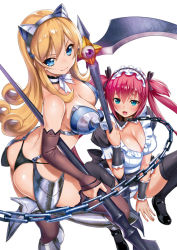 Rule 34 | 2girls, airi (queen&#039;s blade), airi (queen&#039;s blade unlimited), animal ears, apron, armor, armored boots, ass, bikini armor, black dress, black footwear, black gloves, black legwear, black panties, black ribbon, blonde hair, blue eyes, blush, boots, bow, breastplate, breasts, chain, chain leash, cleavage, closed mouth, collarbone, detached collar, dress, elbow gloves, elina (queen&#039;s blade), elina (queen's blade), fake animal ears, faulds, fingerless gloves, from above, gloves, hair bow, hairband, high heel boots, high heels, highleg, highleg panties, holding, holding weapon, knee boots, lace, lace-trimmed gloves, lace-trimmed legwear, lace trim, large breasts, leash, long hair, looking at viewer, looking up, m legs, maid, maid apron, maid headdress, mary janes, medium breasts, micro panties, multiple girls, navel, neck ribbon, official art, oosaki shin&#039;ya, panties, panty straps, polearm, puffy short sleeves, puffy sleeves, queen&#039;s blade, queen&#039;s blade unlimited, red hair, ribbon, scythe, shadow tracker elina, shoes, short sleeves, sidelocks, smile, spear, spread legs, squatting, standing, standing on one leg, string panties, thighhighs, twintails, underwear, weapon, white panties, white ribbon
