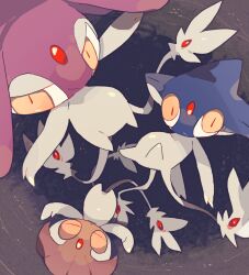 Rule 34 | 3others, akadako, azelf, blue skin, closed eyes, closed mouth, colored skin, creatures (company), floating, forehead jewel, full body, game freak, gem, gen 4 pokemon, grey skin, half-closed eyes, legendary pokemon, looking at viewer, mesprit, multicolored skin, multiple others, multiple tails, nintendo, orange skin, other focus, outstretched arms, pokemon, pokemon (creature), purple skin, red gemstone, red pupils, slit pupils, tail, two-tone skin, two tails, upside-down, uxie, wide-eyed, yellow eyes