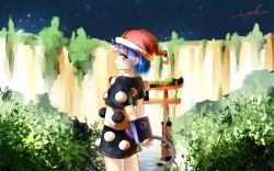 Rule 34 | 1girl, aqua eyes, arms behind back, black dress, blue hair, blue sky, blush, breasts, bush, cliff, cowboy shot, doremy sweet, dress, from side, hat, lake, looking at viewer, looking to the side, nature, night, night sky, nightcap, overgrown, pom pom (clothes), reflection, short sleeves, sidelocks, signature, sky, small breasts, smile, solo, standing, star (sky), starry sky, tail, tapir tail, thighs, torii, touhou, tree, wallpaper, water, welt (kinsei koutenkyoku), white dress