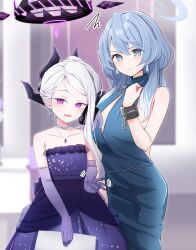 Rule 34 | &gt;:(, 2girls, ako (blue archive), ako (dress) (blue archive), aqua eyes, bare shoulders, blue archive, blue dress, blue hair, blue halo, blurry, blurry background, blush, bright pupils, closed mouth, collarbone, commentary request, cowboy shot, crescent print, cuffs, demon horns, dress, earrings, elbow gloves, formal, frown, glint, gloves, grey eyes, grey hair, hair between eyes, halo, hand up, highres, hina (blue archive), hina (dress) (blue archive), horns, indoors, jewelry, long hair, looking at viewer, mechanical halo, motion lines, multiple girls, necklace, open mouth, parted bangs, partial commentary, purple dress, purple eyes, purple gloves, shackles, side-by-side, silver116, sleeveless, sleeveless dress, smile, sparkle, star (symbol), star print, strapless, strapless dress, tsurime, v-shaped eyebrows, waving