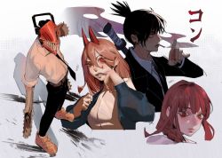 Rule 34 | 2boys, 2girls, black hair, black jacket, black necktie, black pants, blonde hair, blood, blood on face, blue jacket, braid, braided ponytail, chainsaw, chainsaw man, cigarette, collared shirt, cross-shaped pupils, denji (chainsaw man), formal, fox shadow puppet, hair between eyes, hayakawa aki, highres, hjoi (fyhjoire), holding, holding weapon, horns, jacket, katana, long hair, looking at viewer, looking to the side, makima (chainsaw man), medium hair, multiple boys, multiple girls, necktie, pants, power (chainsaw man), red eyes, red hair, red horns, sharp teeth, shirt, shirt tucked in, short hair, sidelocks, simple background, sleeves rolled up, smoke, smoking, suit, sword, symbol-shaped pupils, teeth, topknot, weapon, weapon on back, white background, white shirt, wiping face