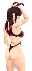 Rule 34 | 1girl, akagi (kancolle), alternate costume, animal ears, ass, back cutout, breasts, brown eyes, brown hair, clothing cutout, fake animal ears, hand on own head, highleg, highleg leotard, highres, kantai collection, large breasts, leotard, long hair, looking at viewer, looking back, looking to the side, nontraditional playboy bunny, partially unzipped, playboy bunny, profile, rabbit ears, red leotard, solo, wa (genryusui), white background, zipper