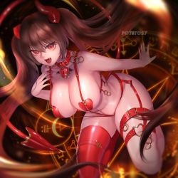 Rule 34 | 1girl, artist name, bare arms, bare shoulders, breasts, broken horn, brown hair, collar, demon girl, demon tail, fang, full body, hair between eyes, heart-shaped lock, highres, horns, large breasts, long hair, looking at viewer, magic circle, nail polish, open mouth, original, potetos7, red collar, red eyes, red nails, red thighhighs, single thighhigh, slit pupils, solo, tail, thigh strap, thighhighs, very long hair