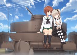Rule 34 | 10s, arm support, black footwear, black legwear, black neckwear, black ribbon, black skirt, blouse, blue sky, blurry, blurry foreground, boko (girls und panzer), bow, bowtie, brown eyes, brown footwear, brown hair, casual, closed mouth, cloud, cloudy sky, collared shirt, commentary request, contrail, day, depth of field, girls und panzer, green skirt, hair ribbon, head tilt, heijialan, high-waist skirt, holding, holding stuffed toy, kiddie ride, layered skirt, light brown hair, loafers, long hair, long sleeves, looking at another, mary janes, medium skirt, military, military vehicle, miniskirt, motor vehicle, neckerchief, nishizumi miho, ooarai school uniform, outdoors, pantyhose, panzer iv, pleated skirt, ribbon, school uniform, serafuku, shimada arisu, shirt, shoes, short hair, side ponytail, sitting, skirt, sky, sleeping, sleeping on person, smile, socks, striped clothes, striped legwear, striped pantyhose, stuffed animal, stuffed toy, suspender skirt, suspenders, tank, teddy bear, white shirt