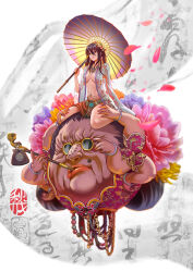 Rule 34 | 1girl, 1other, absurdres, adjusting eyewear, bare legs, bracelet, breasts, brown hair, chain, chinese commentary, chinese text, cleavage, commentary request, covered eyes, earrings, extra arms, eyewear on head, fingernails, flower, full body, gold chain, gold trim, hair between eyes, hair flower, hair ornament, hand on another&#039;s thigh, hehuolige, highres, holding, holding smoking pipe, holding umbrella, jewelry, long hair, long sleeves, looking at viewer, medium breasts, mole, mole above mouth, mole on nose, nail polish, oil-paper umbrella, open clothes, open shirt, orange eyes, orange skirt, original, parted lips, petals, pink flower, pink nails, purple flower, see-through, see-through shirt, sitting, skirt, smoking pipe, sunglasses, tinted eyewear, umbrella, wide sleeves, yellow-framed eyewear, yellow flower