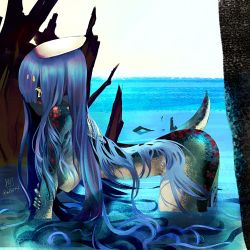 Rule 34 | 1girl, alf874, all fours, blue hair, breasts, female focus, highres, kappa, long hair, monster girl, nude, original, partially submerged, profile, solo, tail, twitter username, water