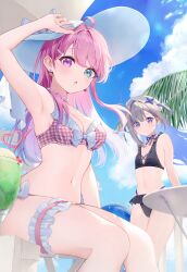 Rule 34 | 2girls, absurdres, ahoge, amane kanata, aqua eyes, arm up, armpits, bare shoulders, beach umbrella, bikini, bikini skirt, black bikini, blue eyes, blue hair, blue innertube, blue ribbon, blue sky, blunt bangs, blush, bow, bow bikini, breasts, cherry, cleavage, closed mouth, cloud, cloudy sky, commentary, crazy straw, cup, day, drinking glass, drinking straw, earrings, flat chest, food, food-themed earrings, food print, frilled bikini, frills, from below, fruit, grey hair, hair intakes, hair ornament, hairclip, hat, hat bow, heart straw, heterochromia, highres, himemori luna, hololive, jewelry, kabi akaru, long hair, looking at viewer, medium breasts, multicolored hair, multiple girls, navel, neck ribbon, necklace, open mouth, outdoors, pearl necklace, pink bikini, pink hair, plaid, plaid bikini, purple eyes, ribbon, round table, sidelocks, single hair intake, sitting, sky, stomach, strawberry print, streaked hair, sun hat, swimsuit, table, thick thighs, thigh strap, thighs, tree, two-tone hair, two side up, umbrella, virtual youtuber, white bow, white headwear