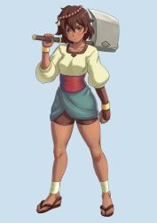 Rule 34 | ajna (indivisible), ankle wrap, axe, beads, bike shorts, bracelet, brown eyes, brown hair, dark skin, finalcake, gloves, highres, indivisible, jewelry, sandals, short sleeves, shorts, single glove, solo