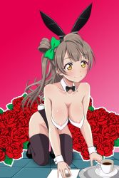 Rule 34 | 1girl, all fours, artist request, blush, bow, breasts, brown eyes, closed mouth, female focus, flower, green bow, grey hair, hair bow, hanging breasts, highres, large breasts, long hair, love live!, love live! school idol project, minami kotori, nipples, no bra, rabbit ears, rose, smile, solo