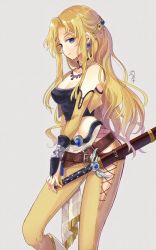 Rule 34 | 1girl, amano yoshitaka design, belt, black shirt, blonde hair, boots, bracelet, breasts, bridal gauntlets, celes chere, cleavage, clothing cutout, commentary request, crop top, earrings, final fantasy, final fantasy vi, grey background, highres, jewelry, light frown, long hair, looking at viewer, medium breasts, navel, necklace, nekozuki yuki, pants, parted bangs, sheath, sheathed, shirt, signature, simple background, solo, sword, thigh cutout, vest, weapon, yellow pants, yellow vest