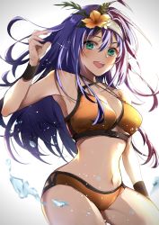 Rule 34 | 1girl, backlighting, bare shoulders, bikini, blue hair, blush, breasts, cleavage, collarbone, cowboy shot, fire emblem, fire emblem: path of radiance, fire emblem heroes, flower, green eyes, hair between eyes, hair flower, hair ornament, hairband, headband, highres, long hair, looking at viewer, medium breasts, mia (fire emblem), navel, nekolook, nintendo, open mouth, orange bikini, smile, standing, stomach, swimsuit, teeth, thighs, tongue, water, white hairband, wristband