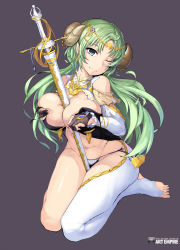 Rule 34 | 1girl, 463 jun, absurdres, bare shoulders, barefoot, between breasts, black panties, blue eyes, blush, breasts, circlet, earrings, female focus, full body, gloves, grabbing, grabbing another&#039;s breast, green hair, grey background, highres, horns, jewelry, large breasts, long hair, navel, necklace, one eye closed, original, panties, partially fingerless gloves, pointy ears, seiza, sheep horns, side-tie panties, simple background, single thighhigh, sitting, smile, solo, sword, thighhighs, toeless legwear, toes, underwear, weapon, white thighhighs
