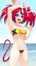 Rule 34 | 1girl, :d, animal ear fluff, animal ears, arm up, armpits, bare shoulders, beach, black hair, blue eyes, breasts, commentary, day, duplicate, earclip, english commentary, gris swimsuit, hakos baelz, highres, hololive, hololive english, looking at viewer, medium breasts, meme attire, mouse ears, mouse girl, mouse tail, multicolored hair, navel, one-piece swimsuit, open mouth, outdoors, red hair, see-through swimsuit, sharp teeth, smile, solo, streaked hair, swimsuit, tail, teeth, underboob, virtual youtuber, white hair, yoako