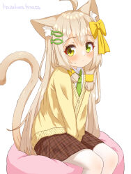 Rule 34 | 1girl, absurdres, ahoge, animal ear fluff, animal ears, artist name, between legs, blonde hair, blush, bow, brown skirt, cardigan, cat ears, cat girl, cat tail, closed mouth, collared shirt, cushion, dot mouth, female focus, fish hair ornament, flat chest, green eyes, green necktie, hair bow, hair ornament, hairclip, hand between legs, have to pee, hazakura hinata, heterochromia, highres, legs together, long hair, long sleeves, looking at viewer, miniskirt, necktie, original, pantyhose, plaid, plaid skirt, pleated skirt, school uniform, shirt, sidelocks, signature, simple background, sitting, skirt, solo, sweat, tail, tail raised, textless version, v arms, white background, white pantyhose, white shirt, yellow bow, yellow cardigan, yellow eyes