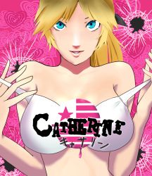 Rule 34 | 1girl, atlus, blonde hair, blue eyes, breasts, catherine (game), catherine cover parody, freckles, highres, katharine ohare, large breasts, lips, name connection, parody, solo, strike witches, tieck, world witches series