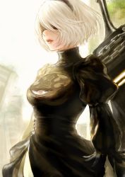 Rule 34 | 1girl, 2b (nier:automata), absurdres, bad id, bad twitter id, black dress, blindfold, cleavage cutout, clothing cutout, covered eyes, dress, hairband, highres, huge weapon, juliet sleeves, long sleeves, mole, mole under eye, nier:automata, nier (series), parted lips, puffy sleeves, romiy, short hair, solo, standing, sword, turtleneck, turtleneck dress, weapon, white hair