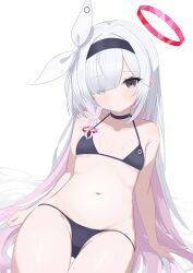 Rule 34 | 1girl, absurdres, bikini, black bikini, black eyes, black hairband, blue archive, bow, braid, breasts, cameltoe, colored inner hair, eyes visible through hair, grey hair, hair bow, hair over one eye, hairband, halo, highres, long hair, multicolored hair, navel, peacem4ker, pink hair, plana (blue archive), red halo, red pupils, simple background, small breasts, solo, stomach, swimsuit, very long hair, white background, white bow