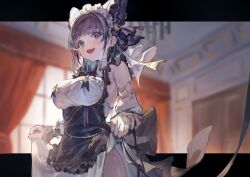Rule 34 | 1girl, absurdres, apron, azur lane, black hair, blue eyes, blurry, blurry background, cheshire (azur lane), closed mouth, curtains, detached sleeves, fang, green eyes, highres, indoors, letterboxed, long hair, looking at viewer, maid apron, maid headdress, multicolored hair, open mouth, outside border, short hair, skin fang, skirt hold, smile, solo, standing, streaked hair, upper body, white background, wrist cuffs, yu hydra