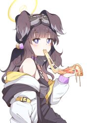 Rule 34 | 1girl, animal ears, black hair, blue archive, blush, dog ears, dog girl, eating, food, halo, hibiki (blue archive), highres, holding, holding food, jacket, karikura (atatata71), long hair, long sleeves, looking at viewer, open clothes, open jacket, pizza, purple eyes, simple background, solo, upper body, white background, white jacket, yellow halo
