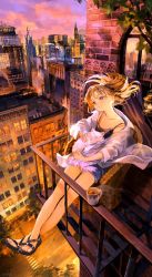 Rule 34 | 1girl, animal, artist name, balcony, bare shoulders, black footwear, blonde hair, blue eyes, building, cat, chair, city, cityscape, cloud, cloudy sky, collarbone, commentary request, crossed legs, cup, denim, denim shorts, full body, highres, holding, holding animal, holding cat, lantern, long hair, long sleeves, looking away, maij, new york city, off shoulder, original, parted lips, pet, place name, road, rooftop, sandals, scenery, shirt, short shorts, shorts, sitting, sky, smile, solo, urban, white cat, white shirt, wind, window