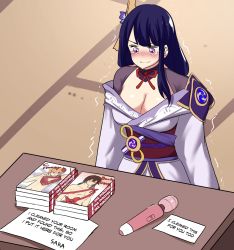 Rule 34 | 1girl, blue hair, blush, breasts, caught, cleavage, commentary, derivative work, embarrassed, english text, genshin impact, highres, hinghoi, indoors, japanese clothes, kimono, large breasts, long hair, mitsudomoe (shape), nose blush, note, obi, pornography, purple eyes, raiden shogun, sash, sex toy, solo, symbol-only commentary, table, tartaglia (genshin impact), tears, tomoe (symbol), trembling, vibrator, wavy mouth, yaoi (object), zhongli (genshin impact)
