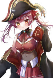 Rule 34 | 1girl, :3, absurdres, anchor symbol, ascot, bare shoulders, belt, bicorne, black choker, black coat, black hat, blunt bangs, blush, breast pocket, breasts, brooch, brown belt, buttons, choker, cleavage, closed mouth, coat, commentary request, covered navel, cropped jacket, embroidery, epaulettes, eyelashes, floating hair, frilled choker, frills, gem, gold trim, hair between eyes, hair ornament, hair ribbon, hand up, hat, heart, heterochromia, highres, hololive, houshou marine, jacket, jewelry, leather belt, leotard, leotard under clothes, long hair, long sleeves, looking at viewer, medium breasts, multicolored clothes, multicolored skirt, off shoulder, open clothes, open coat, pleated skirt, pocket, red ascot, red eyes, red hair, red jacket, red ribbon, red skirt, ribbon, see-through, see-through cleavage, see-through leotard, shinzousan, sidelocks, skirt, sleeveless, sleeveless jacket, sleeves past fingers, sleeves past wrists, smile, solo, standing, twintails, v-shaped eyebrows, virtual youtuber, white background, white skirt, yellow eyes