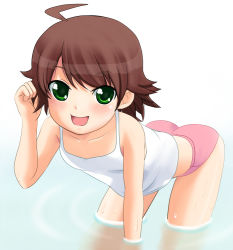 Rule 34 | 00s, 1girl, aged down, ahoge, ass, awakened miki, bad id, bad pixiv id, bent over, blush, brown hair, female focus, gradient background, green eyes, hoshii miki, idolmaster, idolmaster (classic), idolmaster 1, panties, short hair, smile, solar kaichuudentou, solo, underwear, wading, water, wet