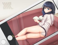 Rule 34 | 10s, 1girl, artist name, ass, black hair, black skirt, blue eyes, blush, book, cardigan, cellphone, closed mouth, couch, female focus, gridman universe, highres, kneepits, looking at viewer, looking back, lying, on couch, on side, panties, phone, pleated skirt, shiny skin, skirt, smartphone, solo, ssss.gridman, takarada rikka, underwear, white cardigan, white panties, yanows