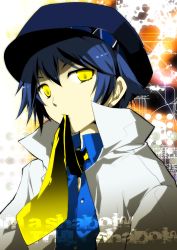 Rule 34 | 1girl, androgynous, atlus, cabbie hat, hat, kamiyoshi rika, mouth hold, necktie, persona, persona 4, reverse trap, shadow (persona), shirogane naoto, solo, yellow eyes
