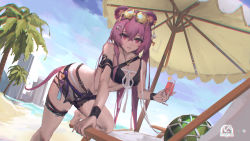 Rule 34 | 1girl, absurdres, animal ears, arknights, ball, beach, beach chair, beach umbrella, bikini, black bikini, black shorts, building, chain, drink, eyewear on head, foot out of frame, gzs, hair between eyes, highres, holding, holding drink, lin (arknights), long hair, looking at viewer, mouse ears, mouse girl, mouse tail, official alternate costume, outdoors, palm tree, pink eyes, pink hair, sand, shorts, skyscraper, solo, sunglasses, swimsuit, tail, thigh strap, tree, umbrella, water