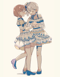 Rule 34 | 2girls, aoba moca, bang dream!, bare legs, blue footwear, braid, breasts, brown hair, closed eyes, coldcat., commentary, dress, feet out of frame, flower, frilled dress, frills, full body, hair ornament, hand on another&#039;s shoulder, hand on another&#039;s waist, hat, hat flower, highres, interlocked fingers, leg up, medium breasts, multiple girls, off-shoulder dress, off shoulder, open mouth, short hair, short twintails, simple background, smile, twintails, white dress, white hair, white headwear, yamabuki saya, yellow background, yuri