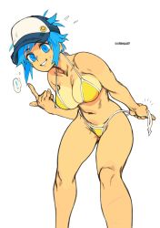 Rule 34 | !, 1girl, april h. pike (brekkist), artist name, bikini, blue eyes, blue hair, breasts, brekkist, cleavage, come hither, eyebrows, female focus, hat, highres, large breasts, looking at viewer, matching hair/eyes, navel, open mouth, short hair, side-tie bikini bottom, sidelocks, simple background, smile, solo, spoken exclamation mark, stomach, string bikini, sweat, swimsuit, tan, tareme, thought bubble, twitter username, undressing, untied bikini, watermark, white background, yellow bikini