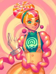 Rule 34 | 1girl, arms (game), bellhenge, clown, clown nose, gloves, green eyes, jewelry, lola pop, looking at viewer, mask, multicolored hair, nintendo, orange hair, puffy sleeves, smile, solo, two-tone hair
