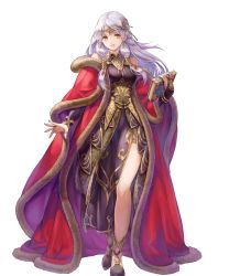 Rule 34 | 1girl, bare shoulders, book, breasts, brown eyes, dress, fingernails, fire emblem, fire emblem: radiant dawn, fire emblem heroes, full body, fur trim, haccan, hair ornament, highres, holding, holding book, jewelry, long hair, long sleeves, looking at viewer, medium breasts, micaiah (fire emblem), nintendo, official art, parted lips, purple dress, side slit, silver hair, smile, solo, standing, thigh strap, thighs, tiara, transparent background