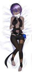 Rule 34 | 1girl, bare arms, bare shoulders, barefoot, bed, belt, black pantyhose, bodysuit, breasts, cleavage, dark-skinned female, dark skin, fate/grand order, fate/prototype, fate/prototype: fragments of blue and silver, fate (series), fingerless gloves, flower, gloves, hassan of serenity (fate), highres, hitotose hirune, holding, holding mask, looking at viewer, lying, mask, pantyhose, purple eyes, purple hair, short hair, solo, thighhighs