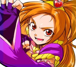 Rule 34 | 00s, 1girl, aoba (smartbeat), clenched hand, cure bloom, face, fighting stance, fingerless gloves, foreshortening, futari wa precure splash star, gloves, hyuuga saki, orange hair, precure, red eyes, simple background, solo, white background