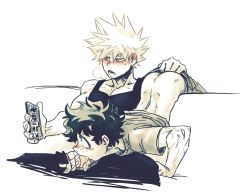 Rule 34 | 10s, 2boys, back, bakugou katsuki, blush, boku no hero academia, clothes, couch, fellatio, green eyes, male focus, midoriya izuku, multiple boys, muscular, muscular male, open mouth, oral, penis, red eyes, scar, simple background, size difference, spiked hair, spot color, syb, tank top, uncensored, yaoi