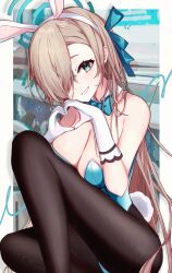 Rule 34 | 1girl, absurdres, animal ears, asuna (blue archive), asuna (bunny) (blue archive), bare shoulders, black pantyhose, blue archive, blue bow, blue bowtie, blue leotard, blue ribbon, blush, border, bow, bowtie, breasts, brown hair, detached collar, fake animal ears, gloves, green eyes, hair between eyes, hair over one eye, hands up, heart, heart hands, highres, indoors, large breasts, leotard, light brown hair, long hair, looking at viewer, noroi 03, outside border, pantyhose, playboy bunny, rabbit ears, rabbit tail, ribbon, smile, solo, strapless, strapless leotard, tail, teeth, wall, white border, white gloves, wing collar