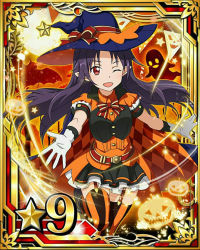 Rule 34 | 10s, 1girl, black dress, black hair, blue hat, card (medium), dress, garter straps, gloves, halloween, halloween costume, hat, jack-o&#039;-lantern, leg up, long hair, looking at viewer, moon, one eye closed, open mouth, outstretched arm, pleated dress, pointy ears, pumpkin, red eyes, short sleeves, solo, star (symbol), striped clothes, striped thighhighs, sword art online, thighhighs, white gloves, witch hat, yuuki (sao)