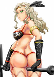 Rule 34 | 1girl, amazon (dragon&#039;s crown), armband, armlet, armor, artist request, ass, axe, back, bare shoulders, between legs, bikini, bikini armor, blush, breasts, curvy, dragon&#039;s crown, elbow gloves, embarrassed, feather hair ornament, feathers, female focus, from behind, gloves, green eyes, hair ornament, highres, holding, holding weapon, huge ass, large breasts, long hair, looking at viewer, looking back, looking down, open mouth, platinum blonde hair, pussy juice, sideboob, simple background, solo, sweat, swimsuit, thick thighs, thighs, thong, thong bikini, weapon, white background