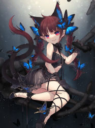 Rule 34 | 1girl, :3, ahoge, alternate costume, animal ears, ankle ribbon, bare shoulders, black dress, black footwear, black gloves, black ribbon, black theme, blue butterfly, blue eyes, braid, brown hair, bug, butterfly, butterfly hair ornament, butterfly on head, cat ears, cat tail, closed mouth, commentary request, dress, extra ears, full body, gloves, hair ornament, hand up, high heels, highres, holding, insect, kaenbyou rin, lace, lace gloves, lace legwear, leg ribbon, light particles, looking at viewer, milestone celebration, multicolored eyes, multiple tails, neck ribbon, pointy ears, pumps, reclining, red eyes, red hair, ribbon, skeletal hand, slit pupils, smile, solo, tail, touhou, toutenkou, twin braids