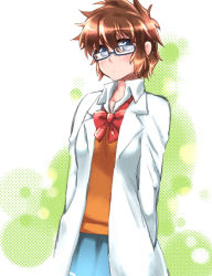Rule 34 | 1girl, bad id, bad pixiv id, bespectacled, blue eyes, blush, brown hair, glasses, hands in pockets, lab coat, looking at viewer, lynn lambretta, miniskirt pirates, mutou mato, school uniform, short hair, solo, sweater vest