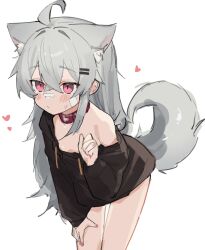 Rule 34 | 1girl, ahoge, animal ear fluff, animal ears, bandaid, bandaid on cheek, bandaid on face, bandaid on nose, bare legs, belt collar, black hoodie, blush, bottomless, breasts, closed mouth, collar, commentary, crossed bangs, drawstring, extra ears, fenrir (fenriluuu), grey hair, hair between eyes, hair ornament, hairclip, heart, highres, hood, hood down, hoodie, leaning forward, long sleeves, nail polish, off shoulder, original, pink eyes, pink nails, red collar, rir-chan, simple background, single bare shoulder, sketch, small breasts, solo, symbol-only commentary, tail, white background, wolf ears, wolf girl, wolf tail