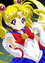 Rule 34 | 1girl, bishoujo senshi sailor moon, blonde hair, blue eyes, blue sailor collar, clenched hands, earrings, elbow gloves, forearms at chest, gloves, gradient background, jewelry, long hair, magical girl, oku yukihide, sailor collar, sailor moon, smile, solo, tiara, tsukino usagi, wrists flexed